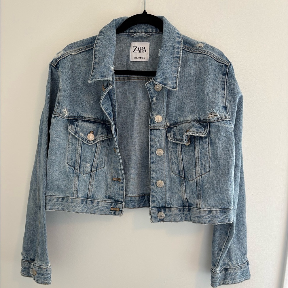 Zara Light Blue Distressed Cropped Denim Jacket